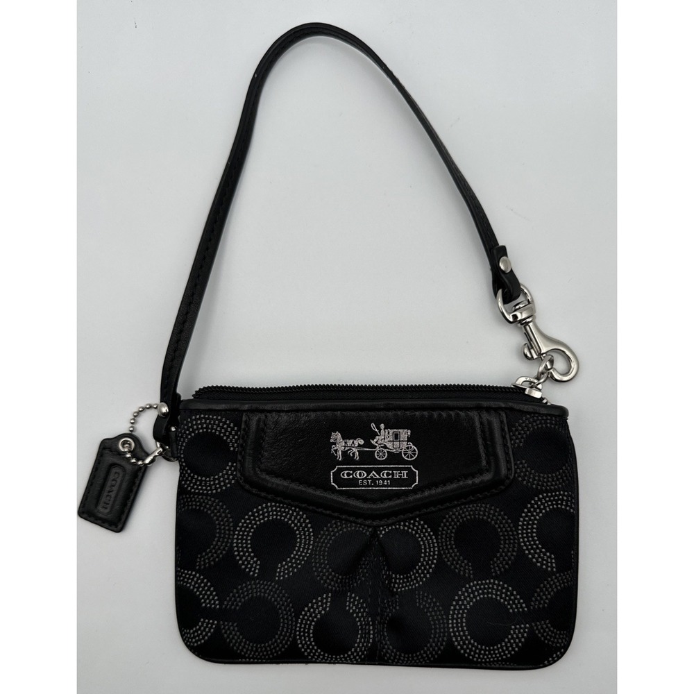 Coach Madison Dotted Op Art Black Silver Canvas Leather Wristlet Clutch
